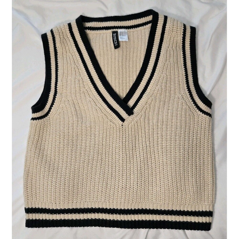 Divided H&M Womens Cropped Sweater Vest cream black striped office siren Small